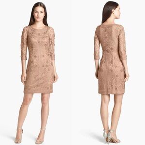 SUE WONG NOCTURNE N0507S TAUPE SOUTACHE FLORAL LACE 3/4 SLEEVE COCKTAIL DRESS